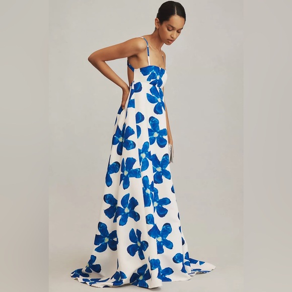 Sau Lee Lucia Maxi Dress in White and Blue Floral Print - Picture 4 of 16